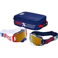 100% PERCENT DUAL ARMEGA PATRIOT PRO WHITE / NAVY TRUE GOLD GOGGLES W / GOGGLE CASE