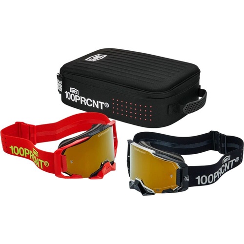 100% PERCENT DUAL ARMEGA RACER PRO BLACK / RED TRUE GOLD GOGGLES W / GOGGLE CASE